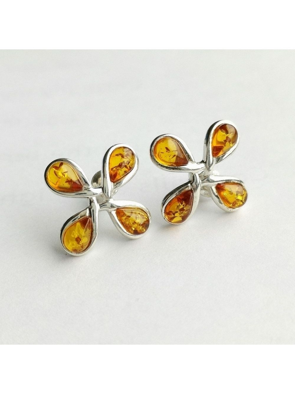 New, sterling silver amber modern flower stud earrings